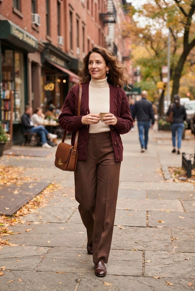 2. Burgundy Cardigan + Chocolate Brown Wide-Leg Trousers