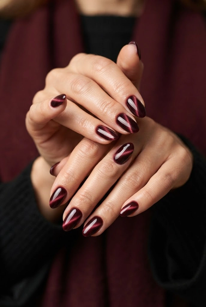 2. Burgundy Velvet Cat-Eye Nails