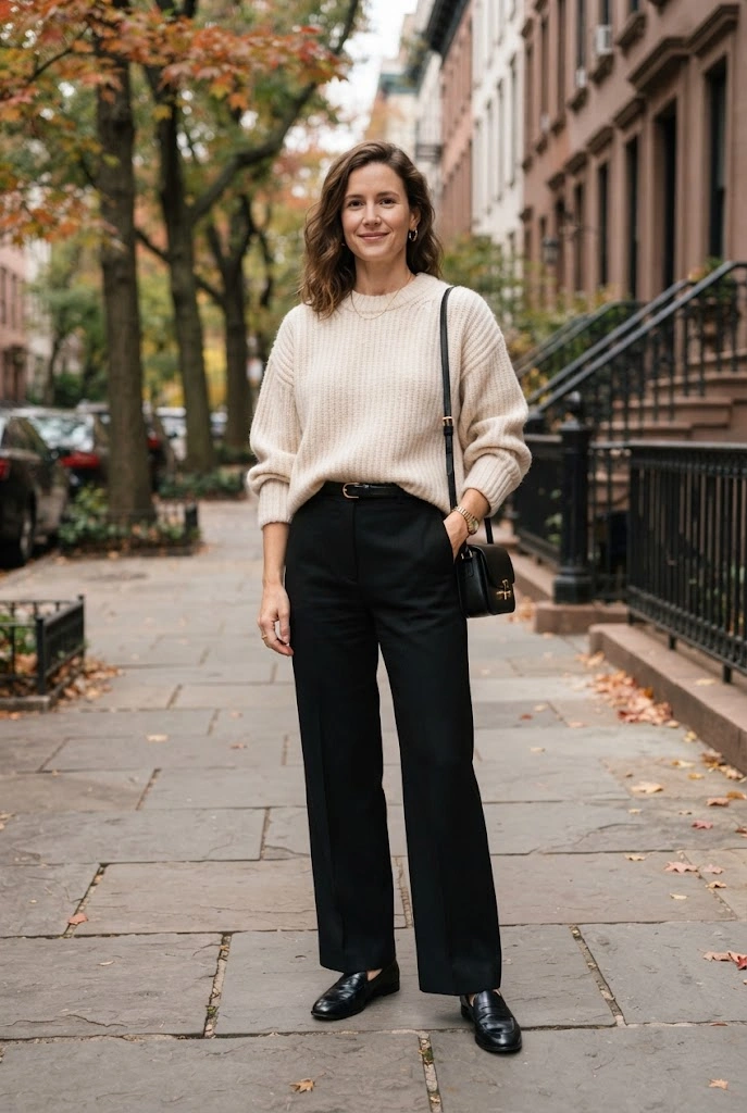 2. Cream Sweater + Black Wide-Leg Trousers + Loafers