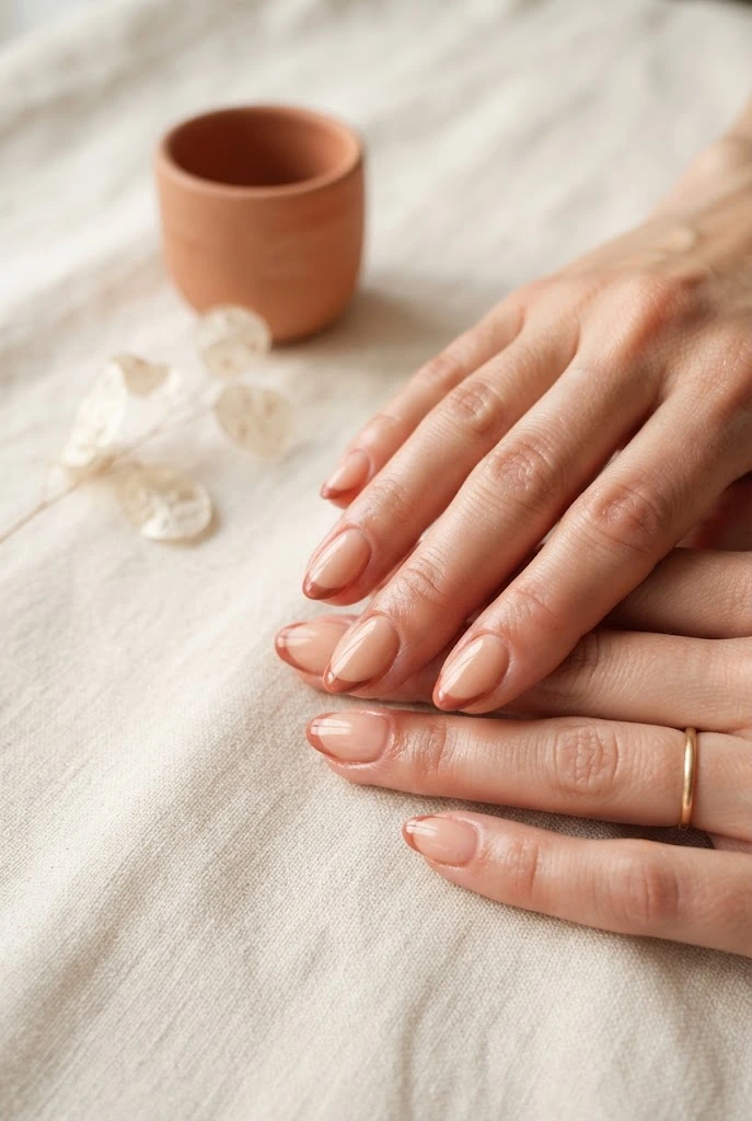 Muted terracotta French tips on soft peachy nude nails.