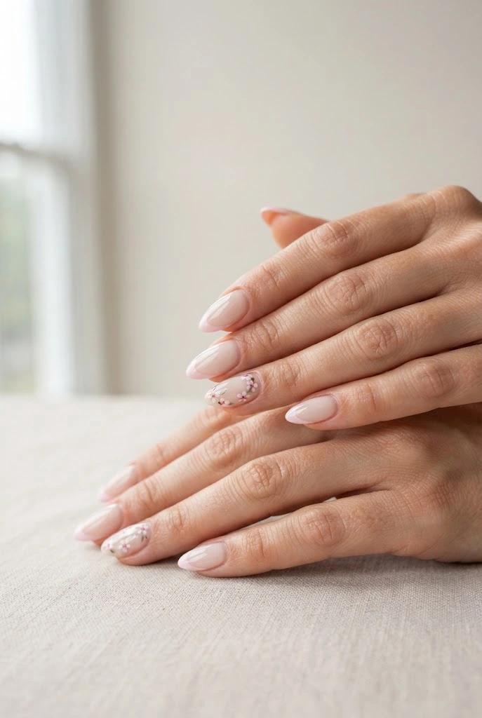Almond nails with pink French tips and delicate floral accents.