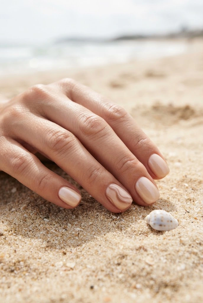 Warm sandy nude nails with a subtle swirl accent and glossy finish.