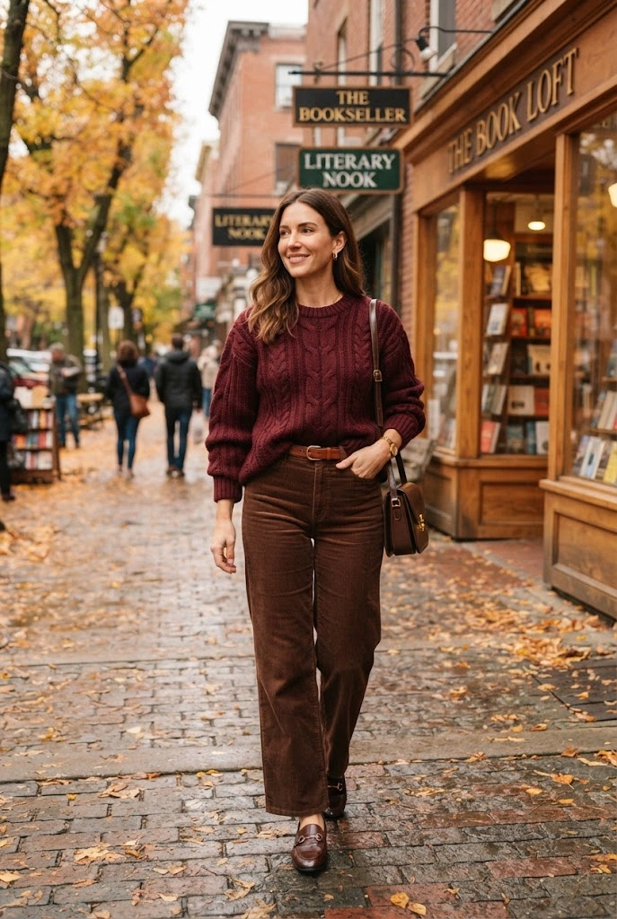 20. Burgundy Cable-Knit Sweater + Chocolate Brown Corduroy Pants