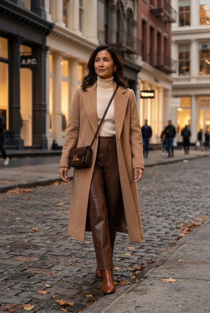 20. Cream Turtleneck + Brown Leather Pants + Long Coat