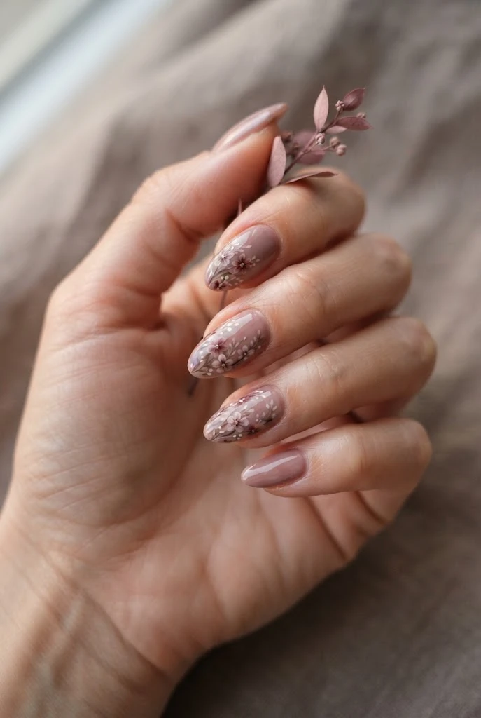 Monochromatic dusty rose nails with layered floral details.