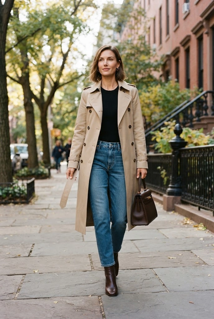 21. Classic Trench + Black Sweater + Blue Jeans