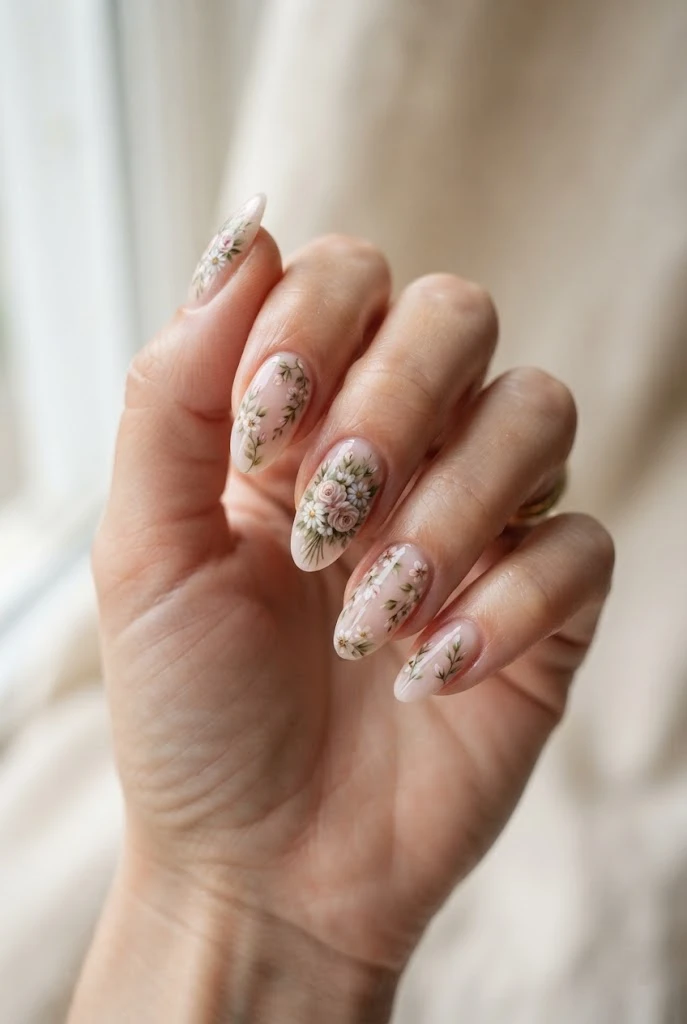 Almond nails decorated with a miniature pink garden bouquet design.