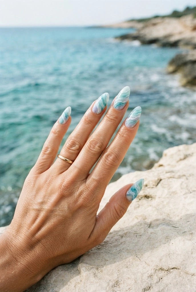 Translucent watercolor ocean-wave nail art in aqua and soft blue.
