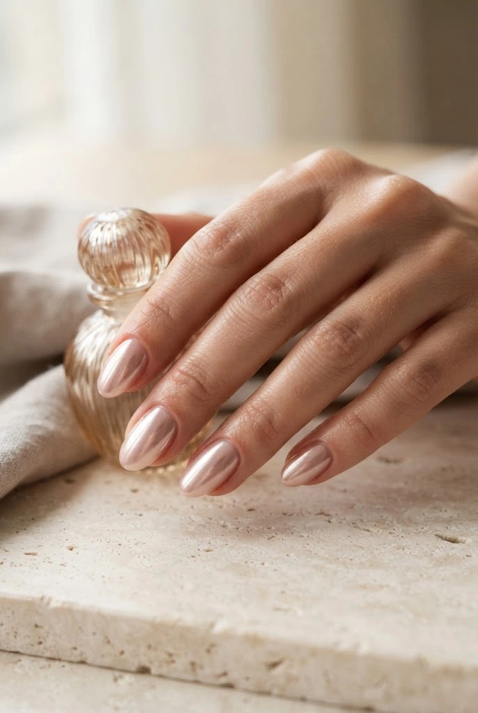 Blush pink nails with a subtle champagne chrome finish.