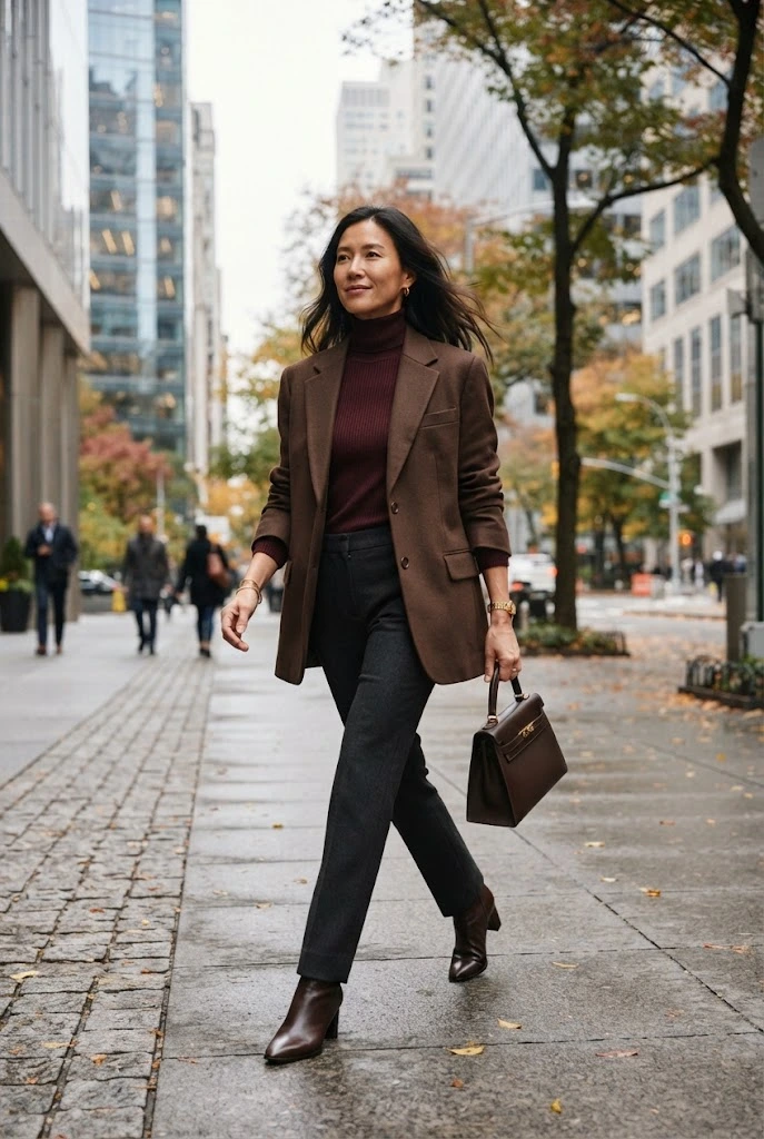 3. Chocolate Brown Blazer + Burgundy Turtleneck