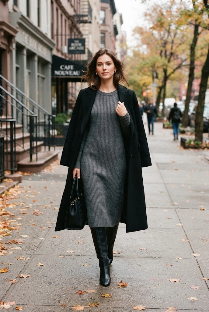 3. Gray Knit Dress + Knee-High Black Boots