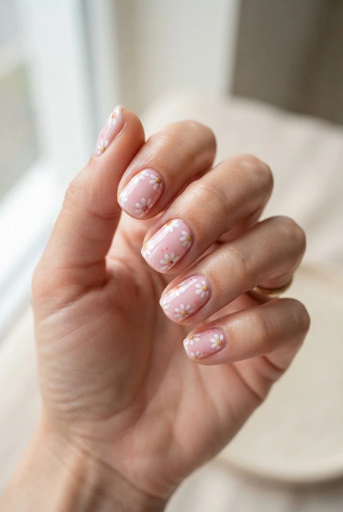 Pastel pink nails decorated with white daisy flowers.