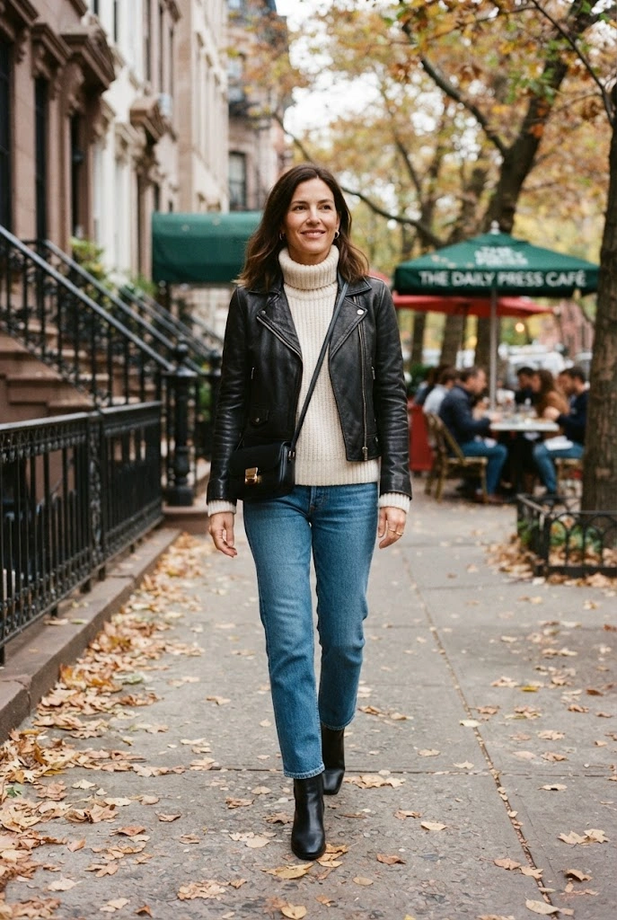 4. Black Leather Jacket + Cream Sweater + Blue Denim