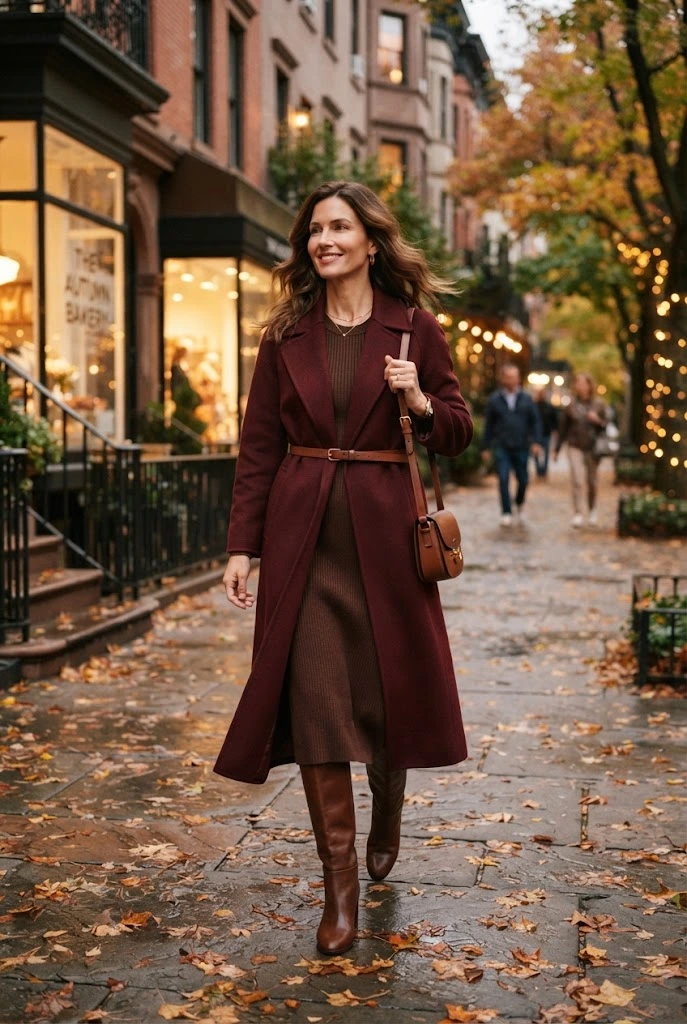 4. Burgundy Coat + Chocolate Brown Knit Dress