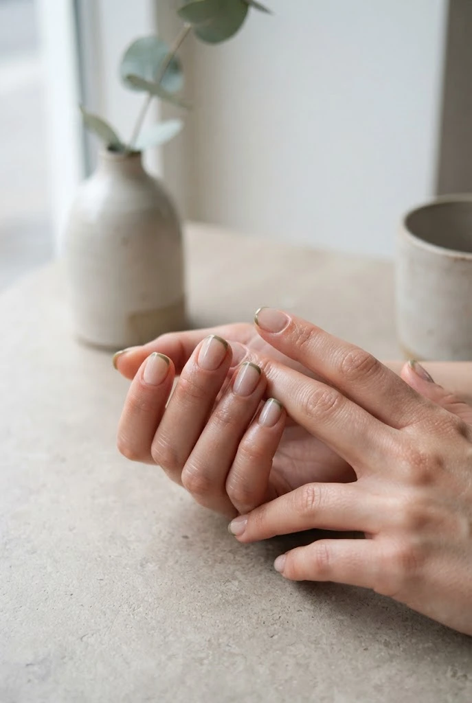 Short nude nails with delicate olive-green micro-French tips.