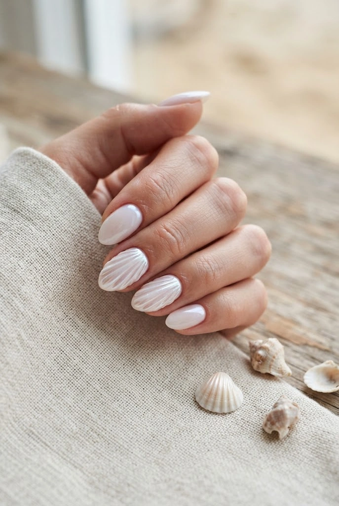 Pearlescent nails with delicate raised seashell accent details.