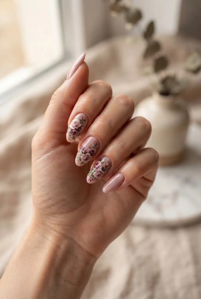 Dusty pink almond nails with miniature layered rose designs.