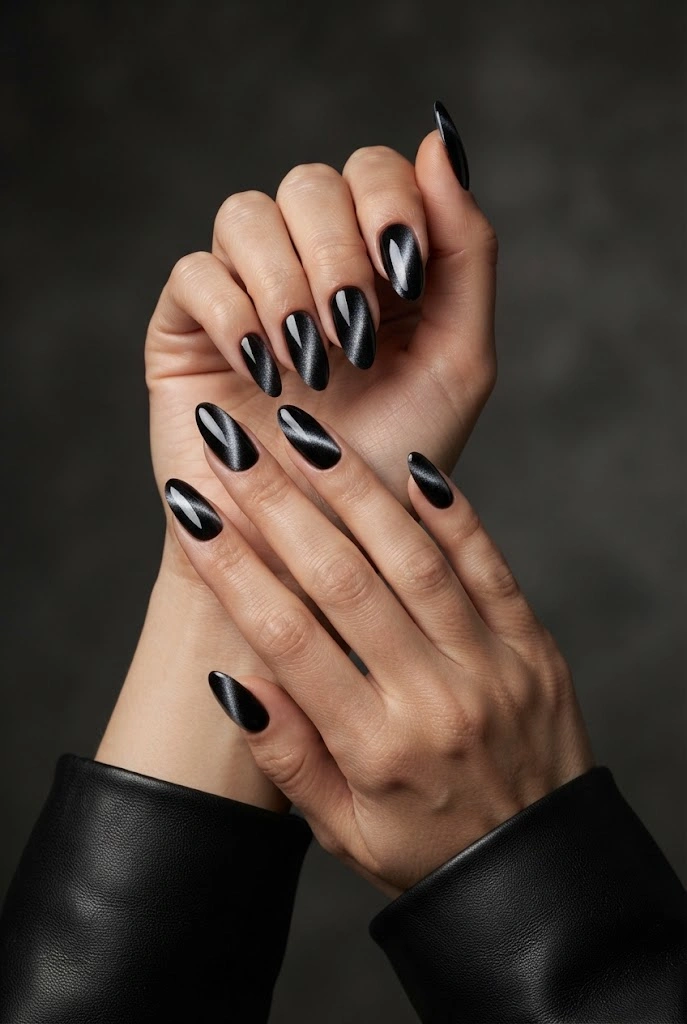 5. Black Velvet Cat-Eye Nails
