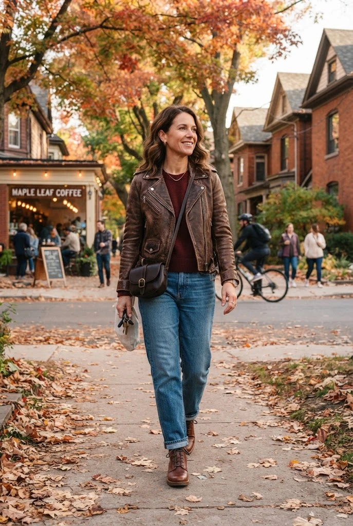 5. Brown Leather Jacket + Burgundy Sweater + Jeans