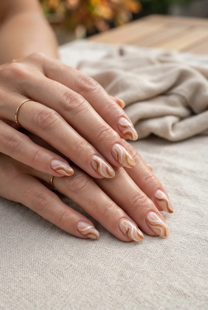 Almond nails with caramel, cream, and tan abstract swirl details.