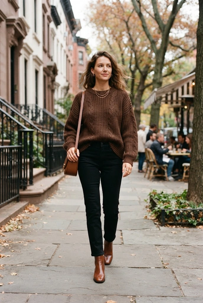 5. Chocolate Brown Sweater + Black Jeans + Brown Boots