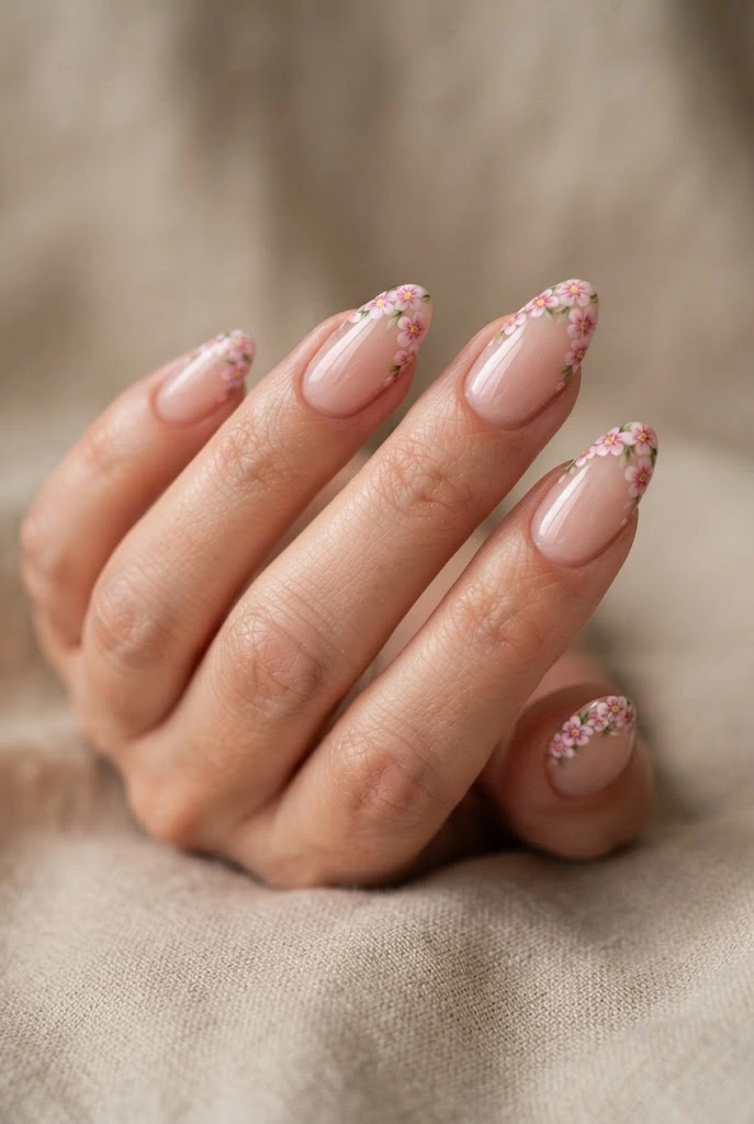 Pink floral French tips on translucent almond nails.