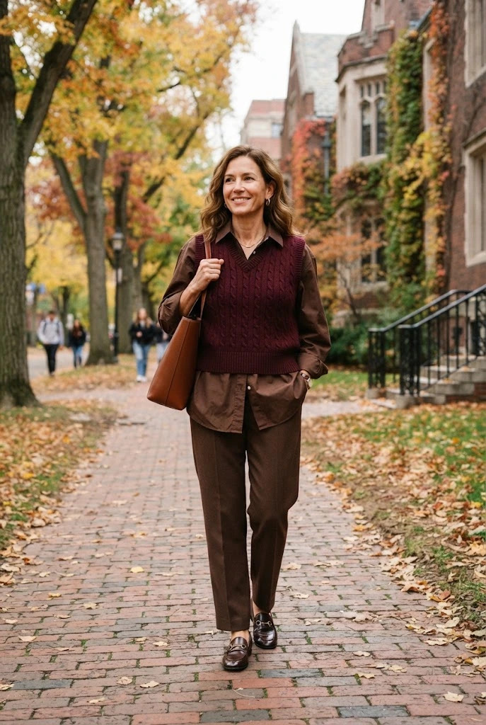 6. Burgundy Sweater Vest + Chocolate Brown Button-Down