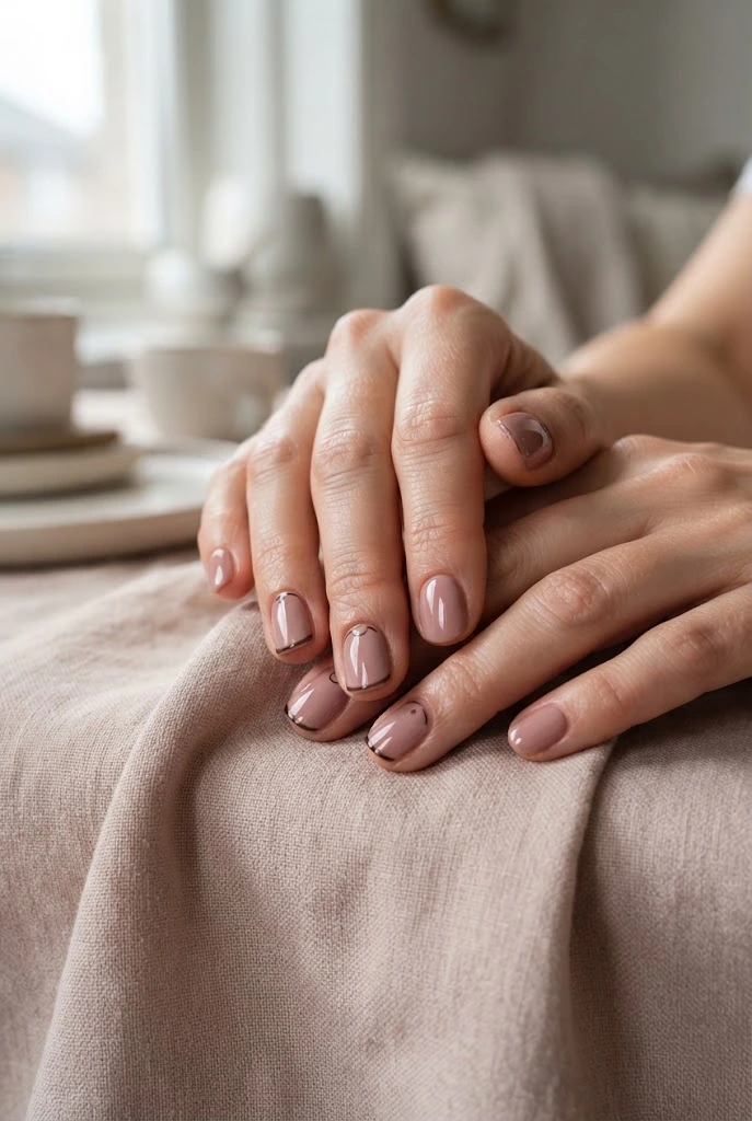 Dusty rose nails with delicate espresso-brown accents.