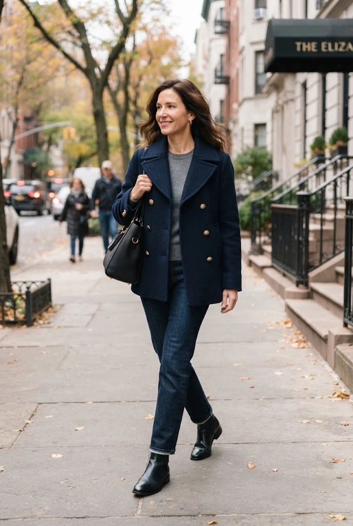 6. Navy Peacoat + Gray Sweater + Dark Denim