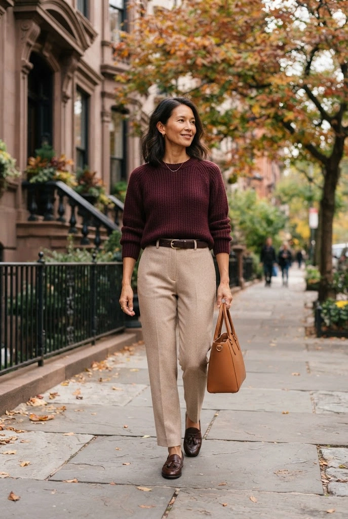 7. Burgundy Sweater + Beige Trousers + Brown Loafers