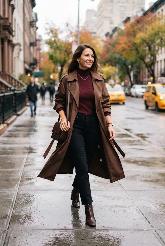 7. Chocolate Brown Trench + Burgundy Knit Top + Black Jeans
