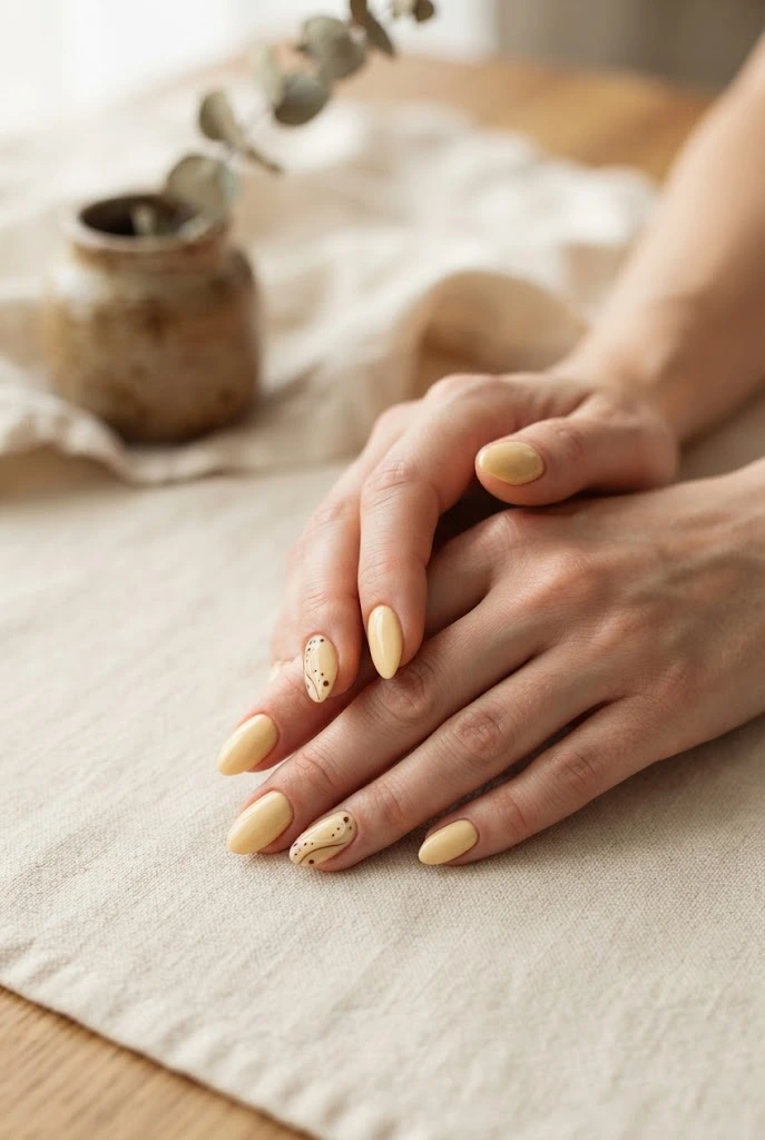 Creamy butter-yellow nails with minimalist chocolate-brown details.