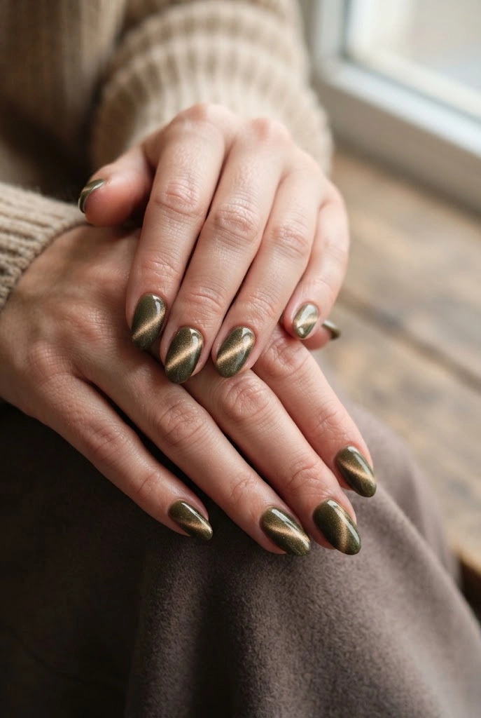 7. Olive Green Cat-Eye Nails