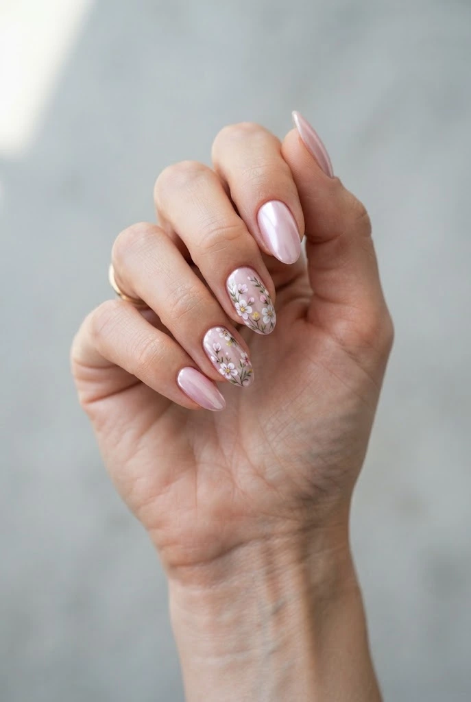 Pink chrome almond nails with delicate floral accents.
