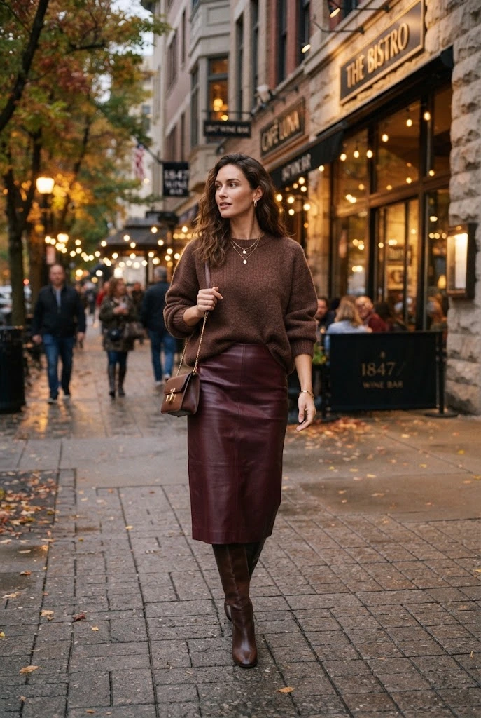 8. Burgundy Leather Skirt + Chocolate Brown Sweater