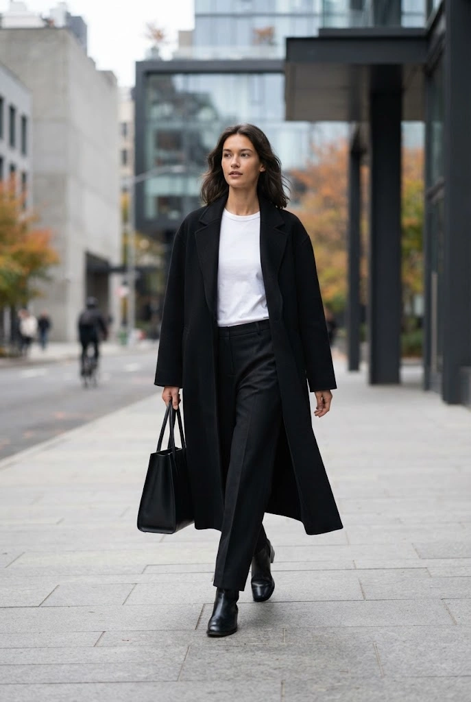 8. Oversized Black Coat + White Tee + Black Trousers