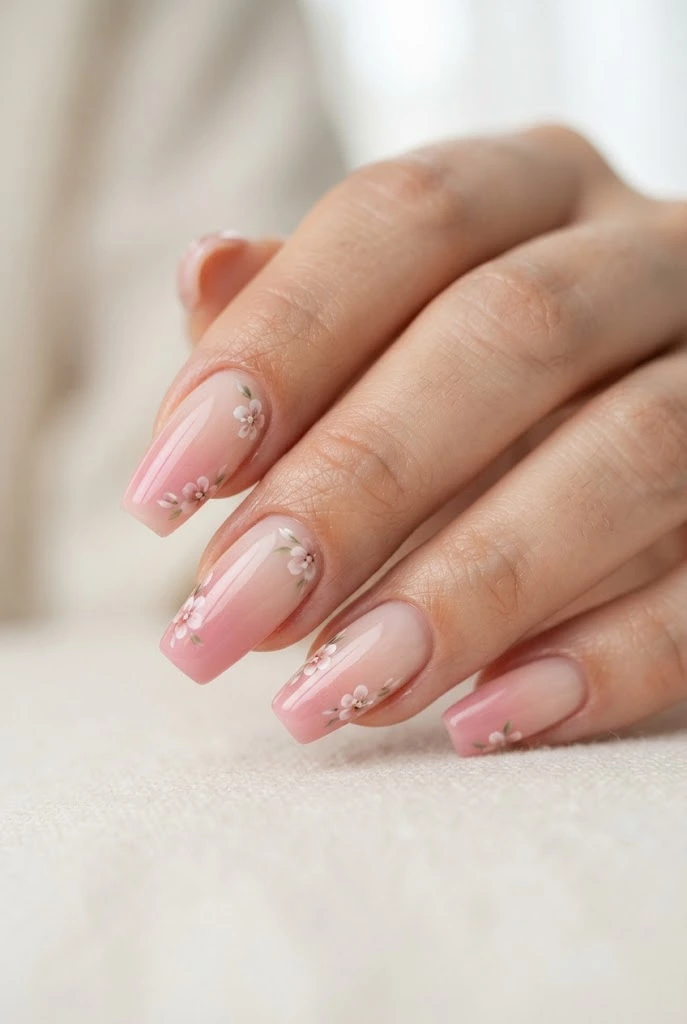 Pink ombre coffin nails with delicate white floral art.   
