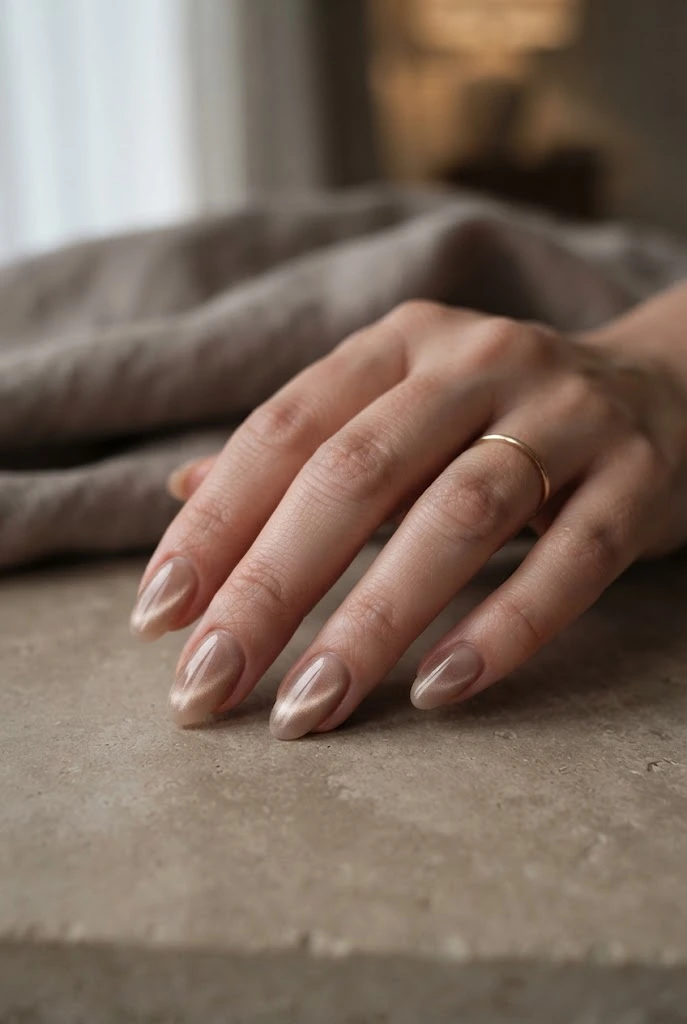 Warm beige velvet cat-eye nails with a soft magnetic shimmer.