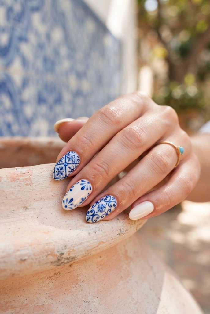 Blue-and-white Mediterranean tile-inspired nail art on almond nails.