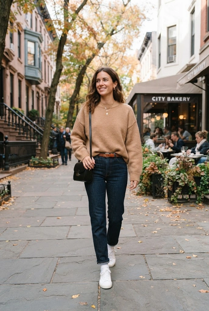 9. Camel Sweater + Dark Denim + White Sneakers