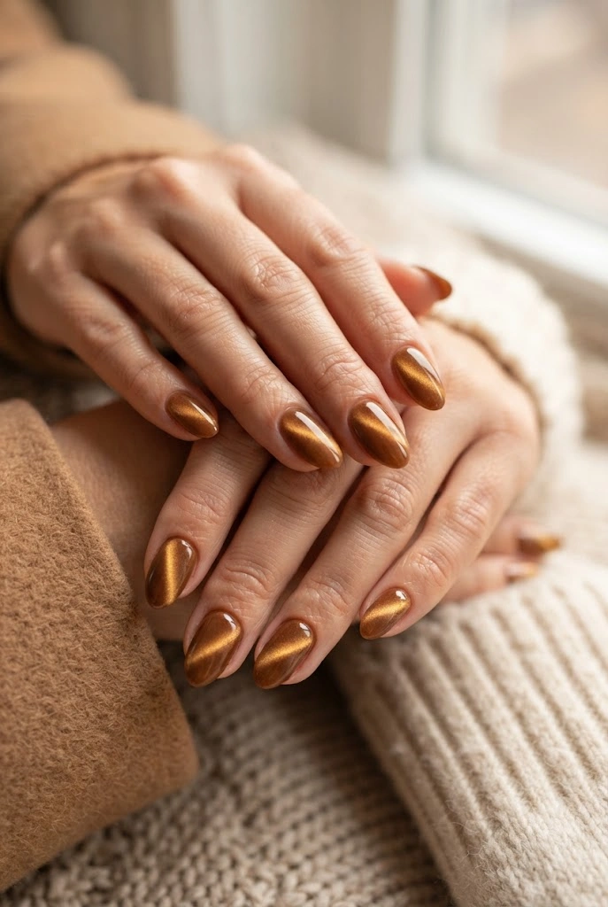 9. Caramel Velvet Cat-Eye Nails