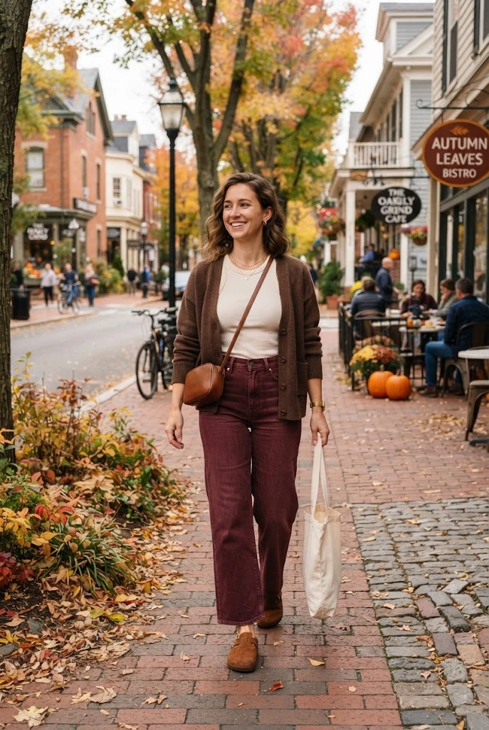 9. Chocolate Brown Cardigan + Burgundy Wide-Leg Jeans