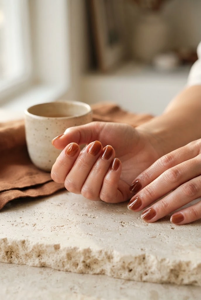 Glossy translucent cinnamon-brown glazed nails.