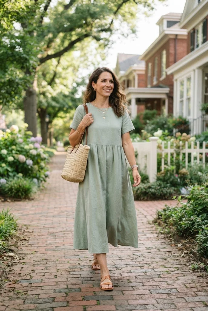 Adult woman wearing a sage green modest midi dress with flat sandals and a woven tote on a summer sidewalk.