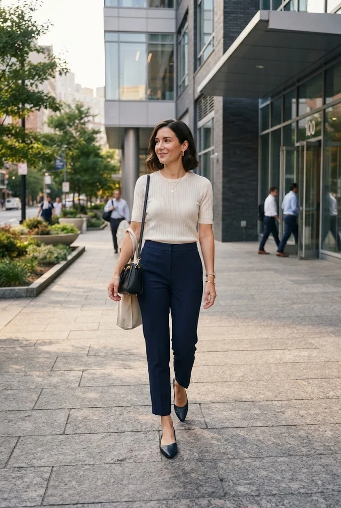 Adult woman wearing navy trousers, a cream short-sleeve knit, and pointed flats.