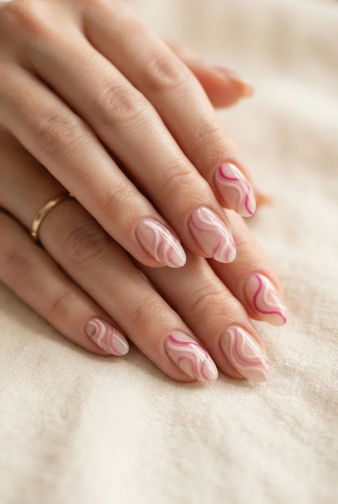 Almond nails with layered pink swirl nail art over a sheer base.