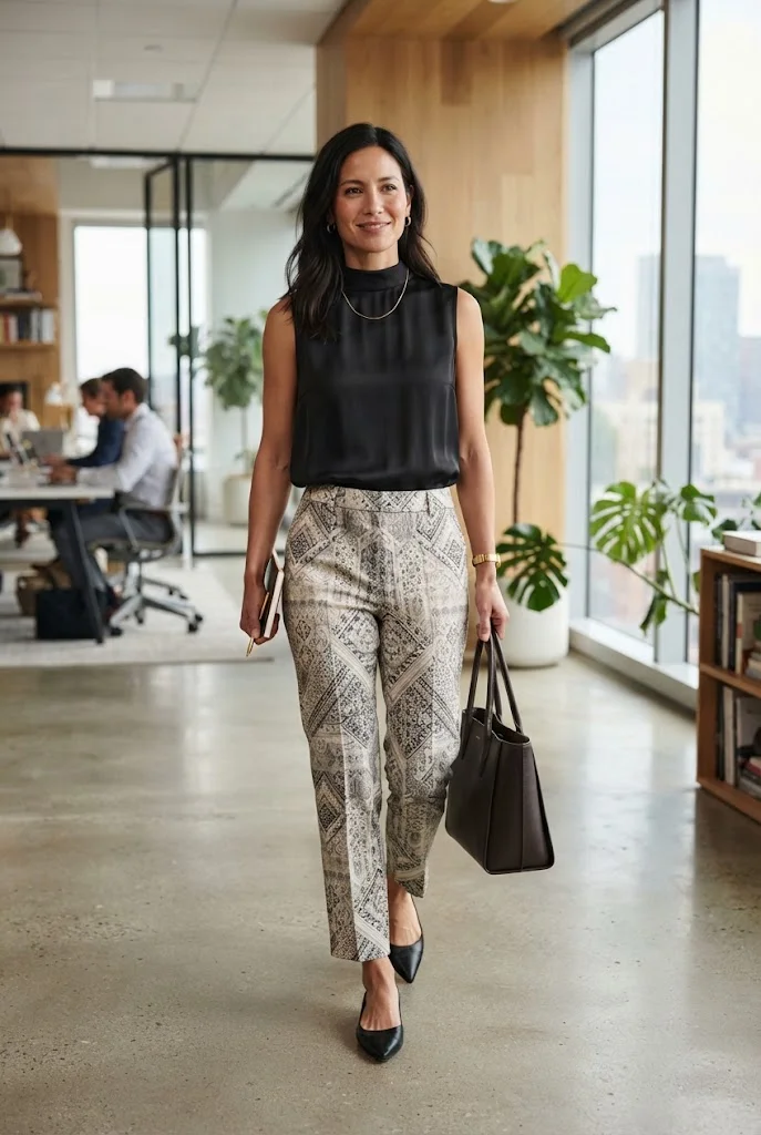 Black sleeveless blouse paired with subtle printed trousers in a modern office.