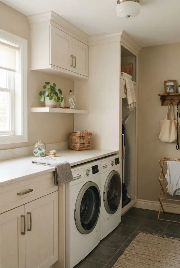 Closed white cabinets concealing laundry supplies in a compact room.