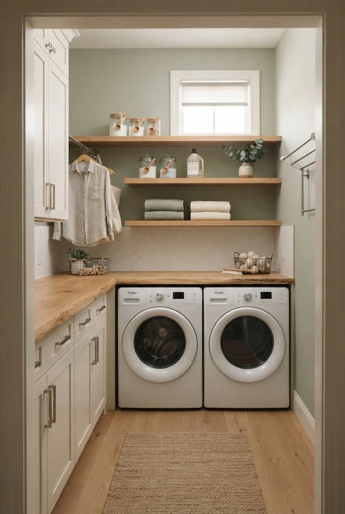 Cohesive small laundry room with warm white cabinetry, oak accents, and organized storage.