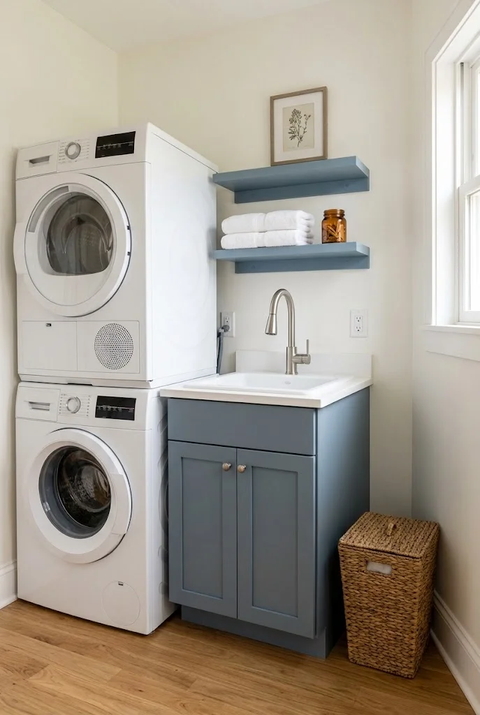 Compact laundry room with a small utility sink and shaker-style cabinet.
